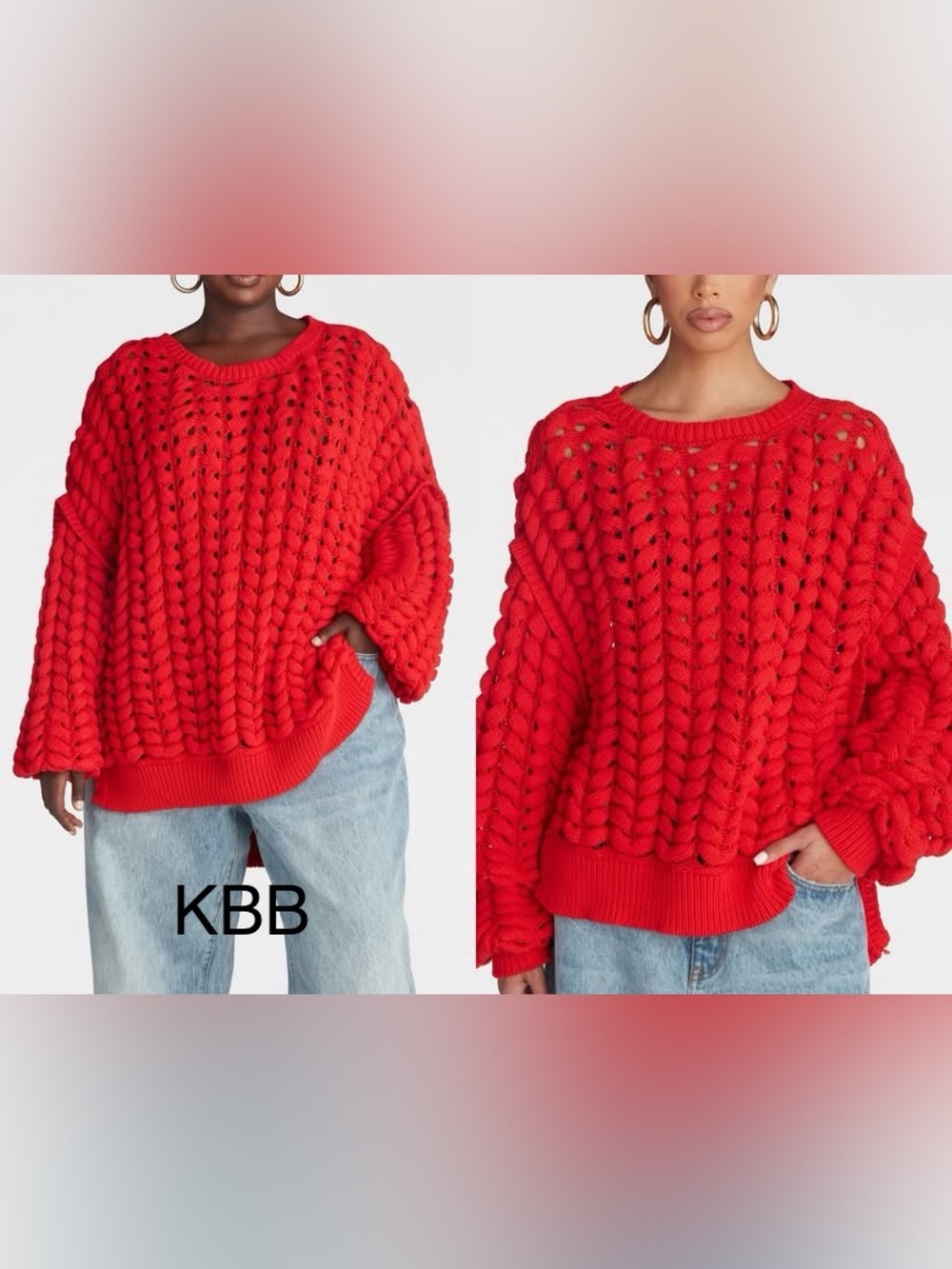NWT KBB by Kahlana The Chunky Knit Crew Red Sweater- Open Weave